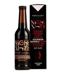 Proef de Horizont NS2022 RIS Bourbon BA choco & Coffee, een stoutbier met rijke chocolade- en koffiesmaken, perfect gerijpt in bourbonvaten.